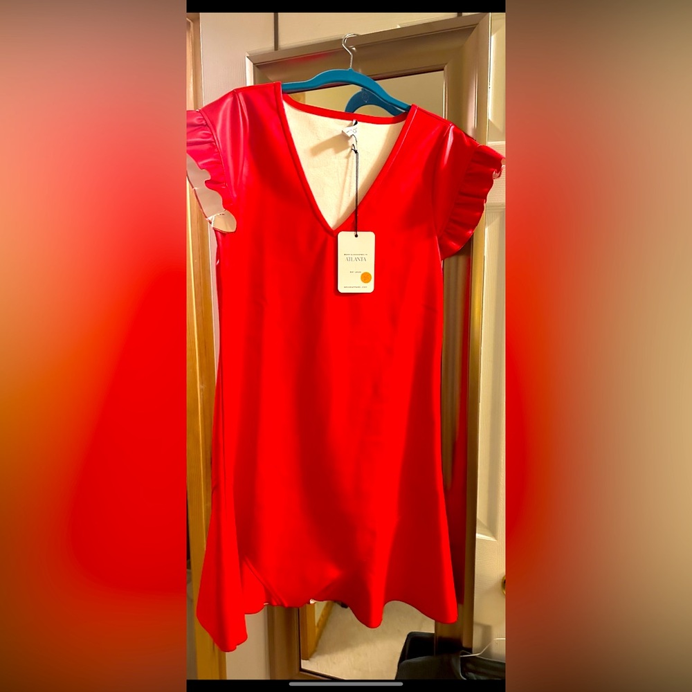 Holiday ready!!! Boutique red vegan leather dress sz small. Over $200. Worn once